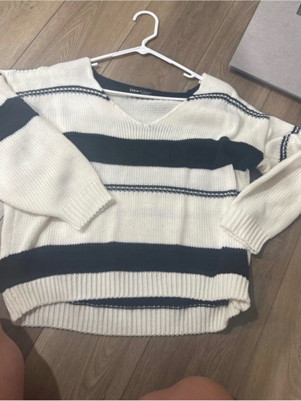 SHEIN Cream & Navy Striped V-Neck Knit Sweater